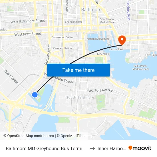 Baltimore MD Greyhound Bus Terminal Downtown to Inner Harbor East map