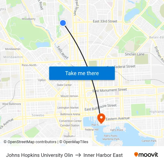 Johns Hopkins University Olin to Inner Harbor East map