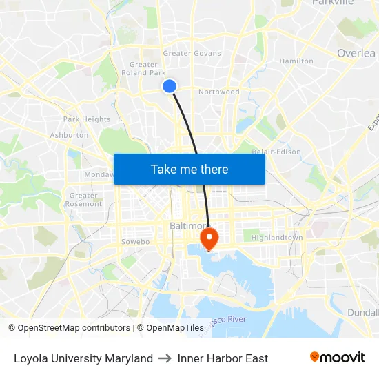 Loyola University Maryland to Inner Harbor East map