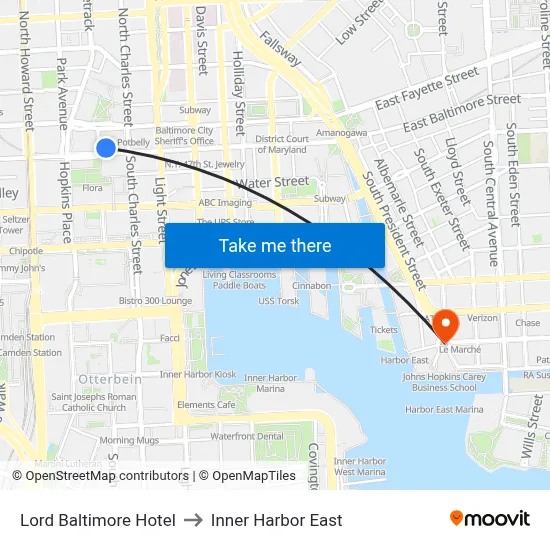 Lord Baltimore Hotel to Inner Harbor East map
