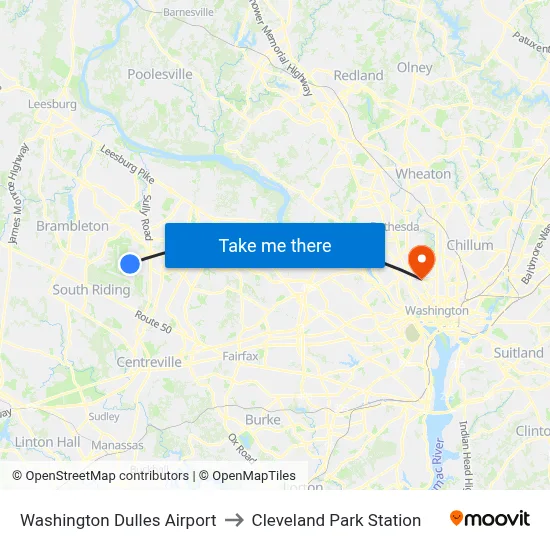 Washington Dulles Airport to Cleveland Park Station map