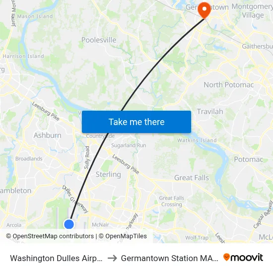 Washington Dulles Airport to Germantown Station MARC map