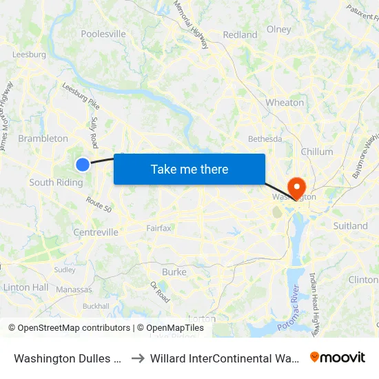 Washington Dulles Airport to Willard InterContinental Washington map