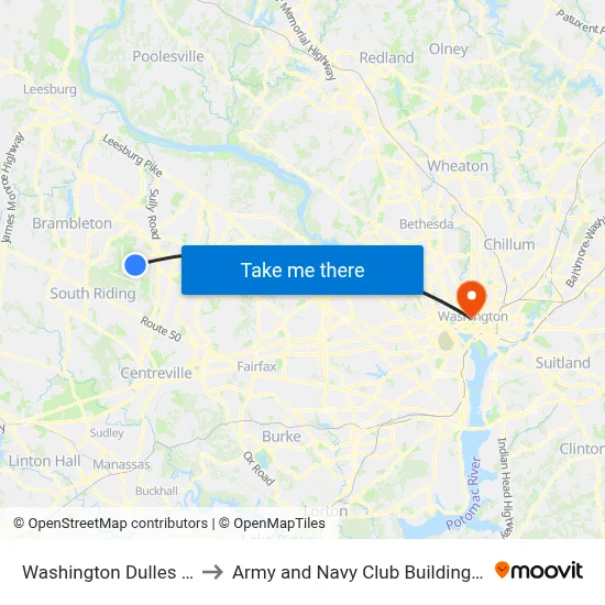 Washington Dulles Airport to Army and Navy Club Building historical map