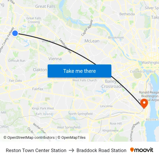 Reston Town Center Station to Braddock Road Station map