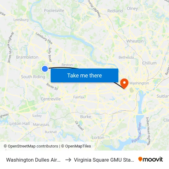 Washington Dulles Airport to Virginia Square GMU Station map
