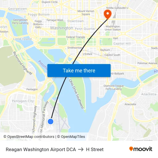 Reagan Washington Airport DCA to H Street map