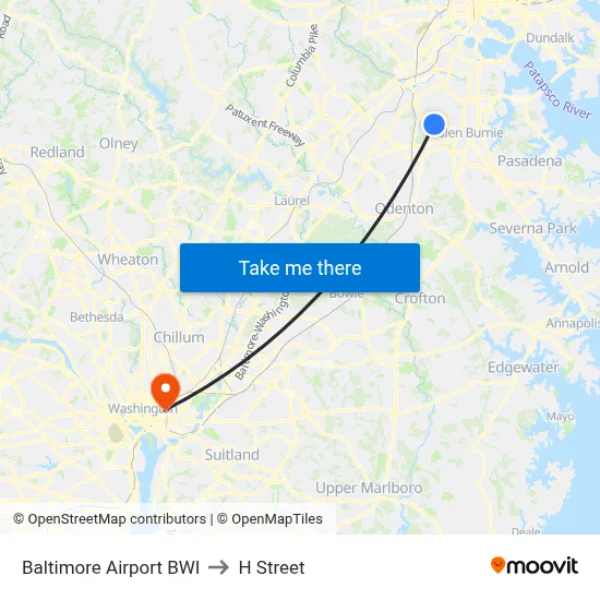 Baltimore Airport BWI to H Street map