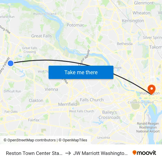 Reston Town Center Station to JW Marriott Washington DC map