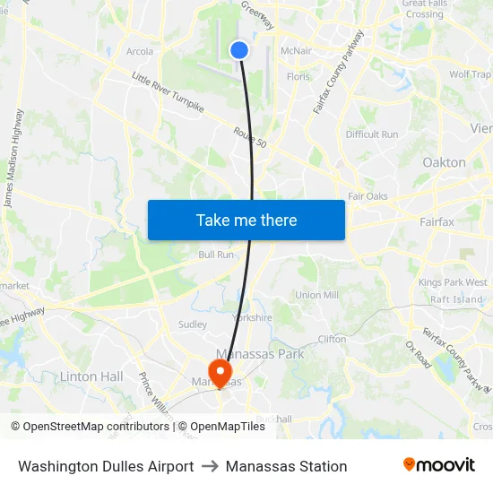 Washington Dulles Airport to Manassas Station map
