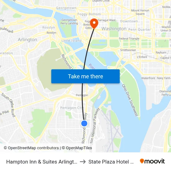 Hampton Inn & Suites Arlington Crystal City to State Plaza Hotel Washington map