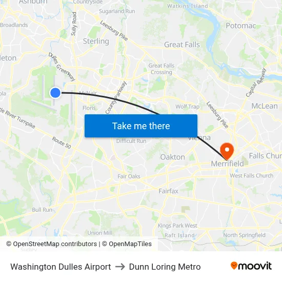 Washington Dulles Airport to Dunn Loring Metro map