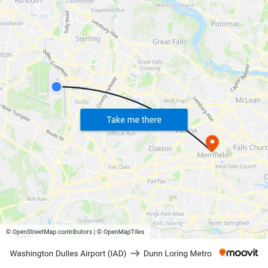 Washington Dulles Airport (IAD) to Dunn Loring Metro map
