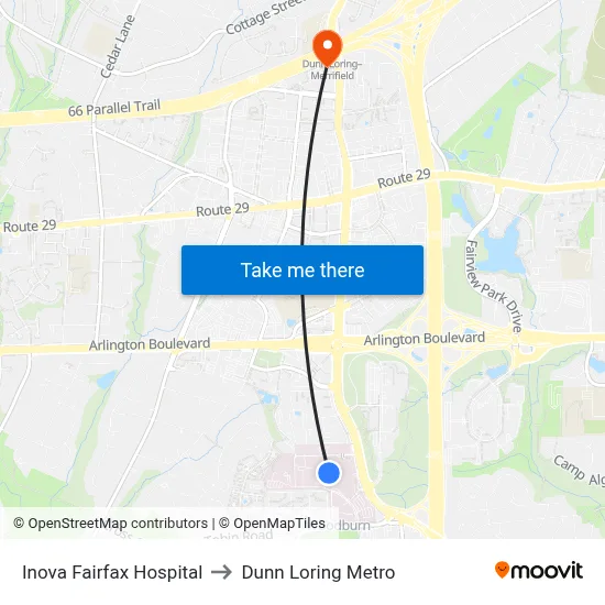 Inova Fairfax Hospital to Dunn Loring Metro map