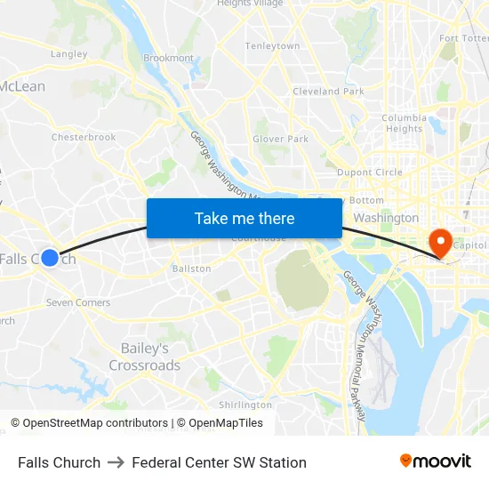 Falls Church to Federal Center SW Station map