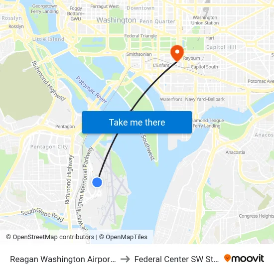 Reagan Washington Airport DCA to Federal Center SW Station map