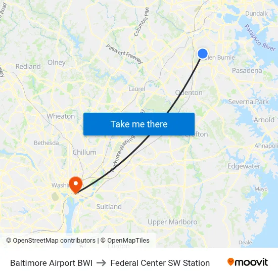 Baltimore Airport BWI to Federal Center SW Station map