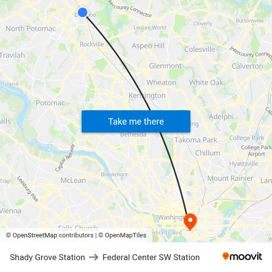 Shady Grove Station to Federal Center SW Station map
