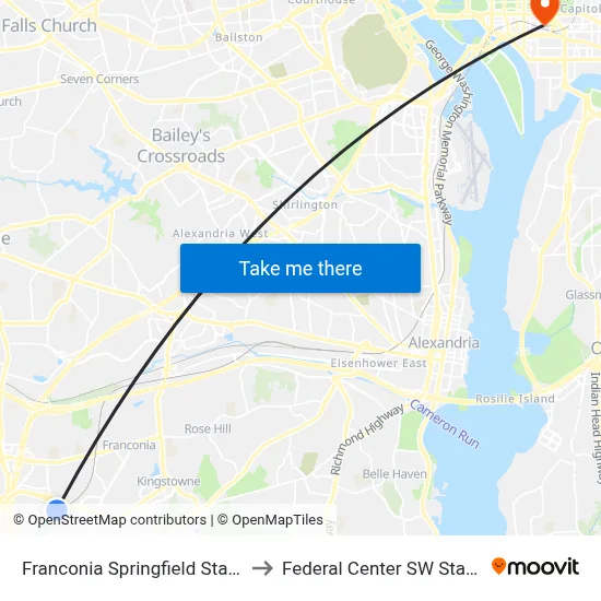 Franconia Springfield Station to Federal Center SW Station map