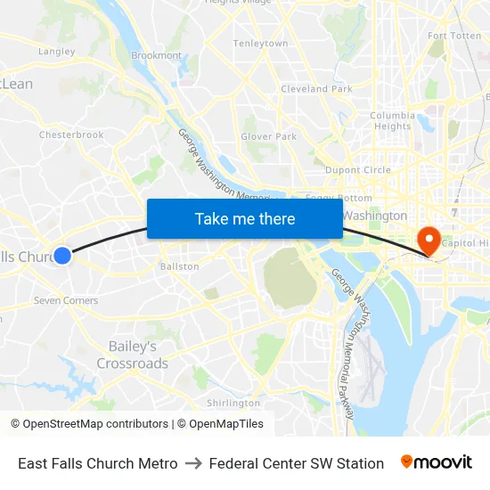 East Falls Church Metro to Federal Center SW Station map