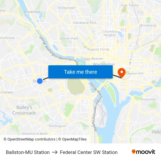 Ballston-MU Station to Federal Center SW Station map
