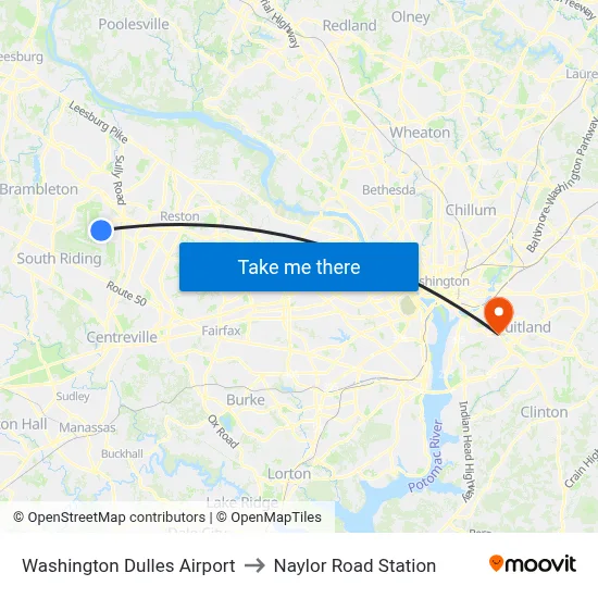 Washington Dulles Airport to Naylor Road Station map