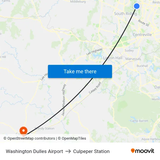 Washington Dulles Airport to Culpeper Station map