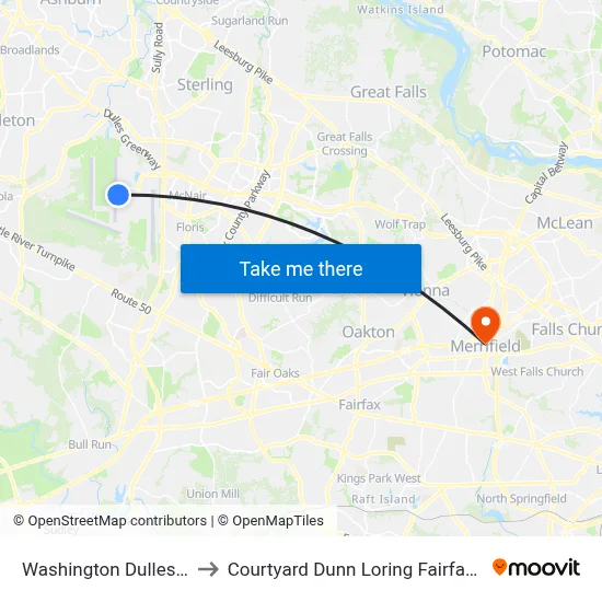 Washington Dulles Airport to Courtyard Dunn Loring Fairfax Merrifield map