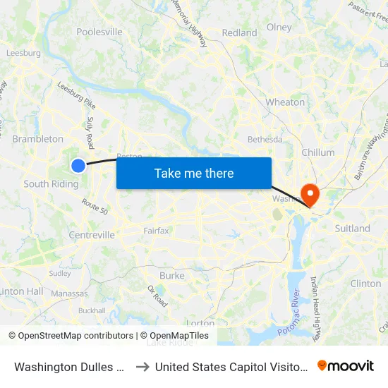 Washington Dulles Airport to United States Capitol Visitor Center map