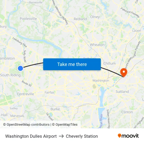 Washington Dulles Airport to Cheverly Station map