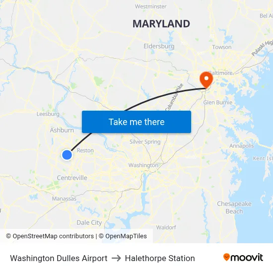Washington Dulles Airport to Halethorpe Station map