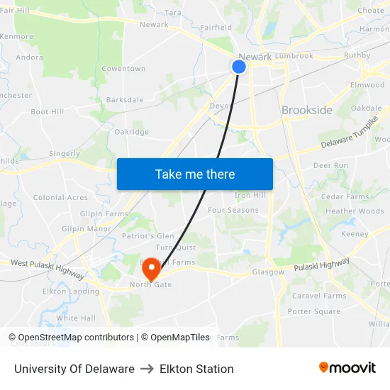 University Of Delaware to Elkton Station map