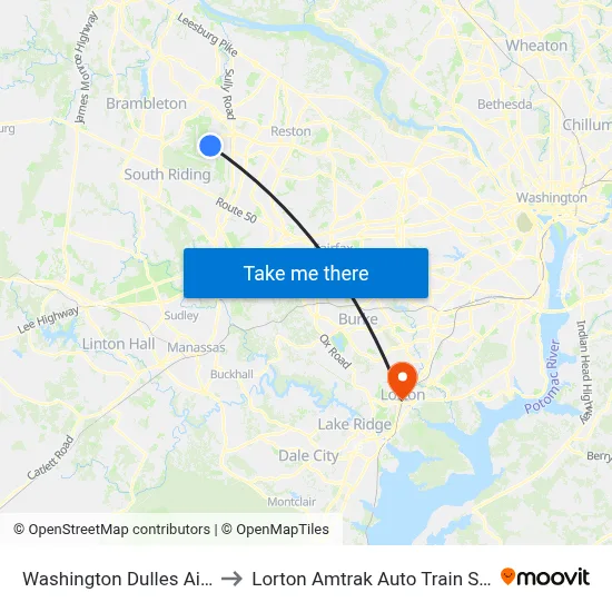 Washington Dulles Airport to Lorton Amtrak Auto Train Station map