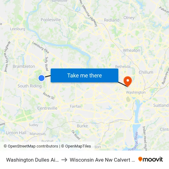 Washington Dulles Airport to Wisconsin Ave Nw Calvert St Nw map