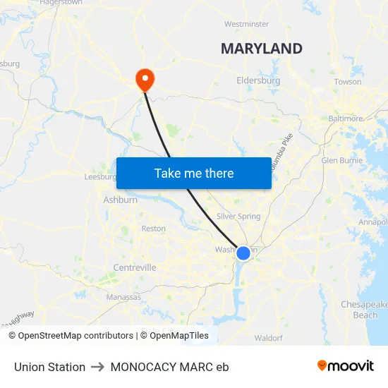 Union Station to MONOCACY MARC eb map