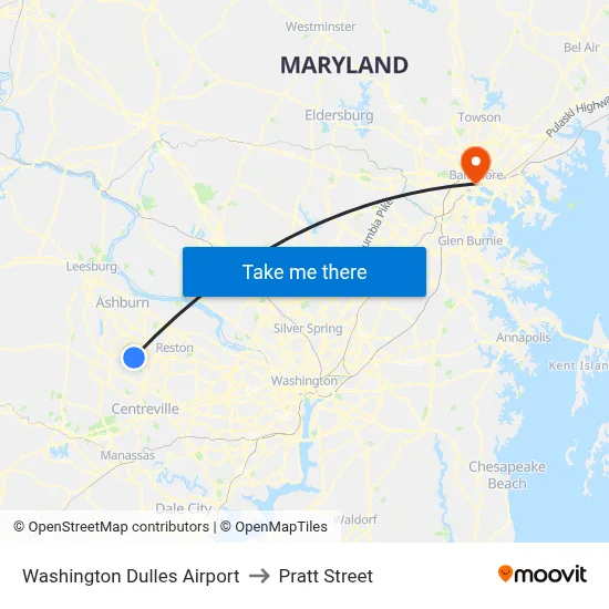 Washington Dulles Airport to Pratt Street map