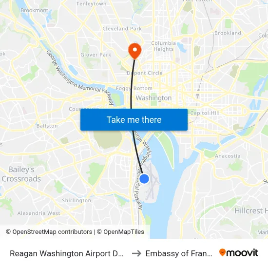 Reagan Washington Airport DCA to Embassy of France map