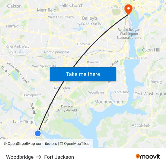 Woodbridge to Fort Jackson map