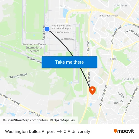 Washington Dulles Airport to CIA University map