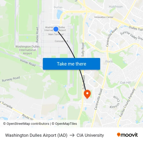 Washington Dulles Airport (IAD) to CIA University map