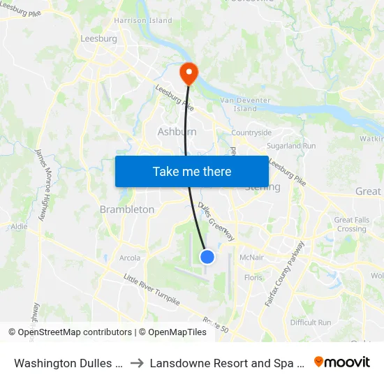 Washington Dulles Airport to Lansdowne Resort and Spa Leesburg map