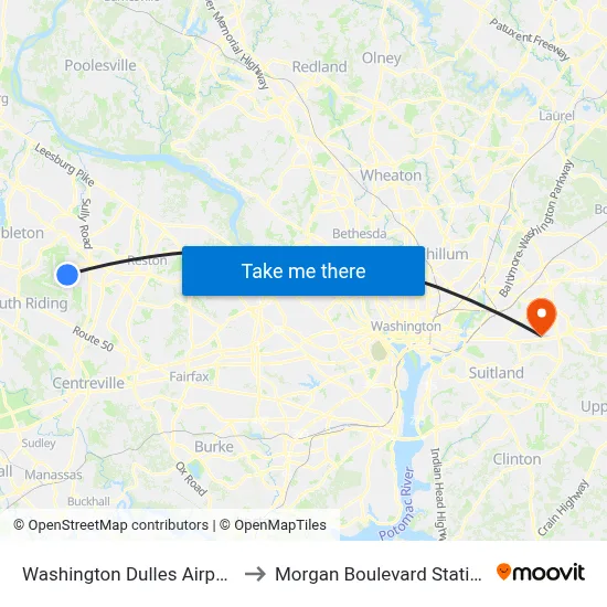 Washington Dulles Airport to Morgan Boulevard Station map