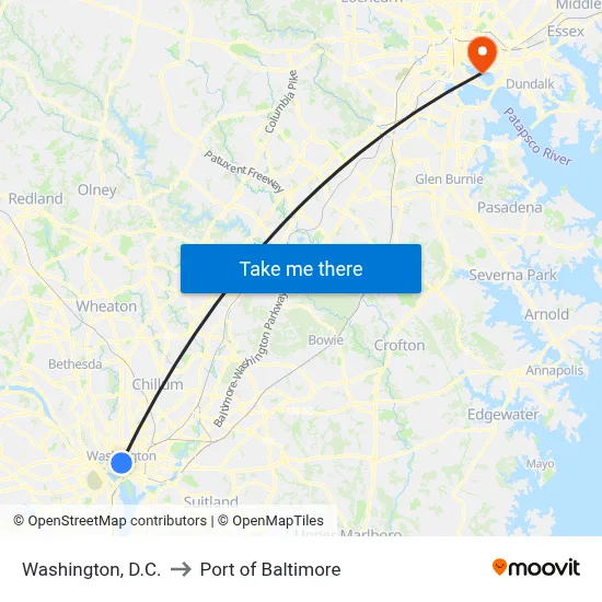 Washington, D.C. to Port of Baltimore map