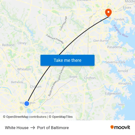 White House to Port of Baltimore map