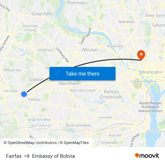 Fairfax to Embassy of Bolivia map