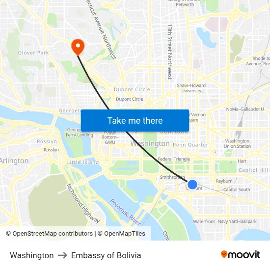 Washington to Embassy of Bolivia map