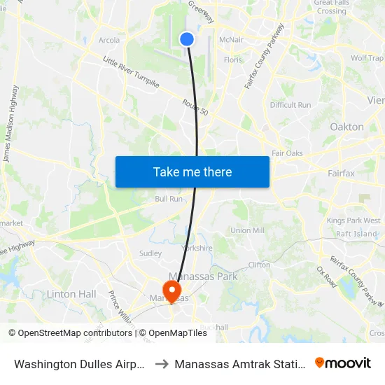 Washington Dulles Airport to Manassas Amtrak Station map