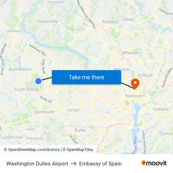 Washington Dulles Airport to Embassy of Spain map