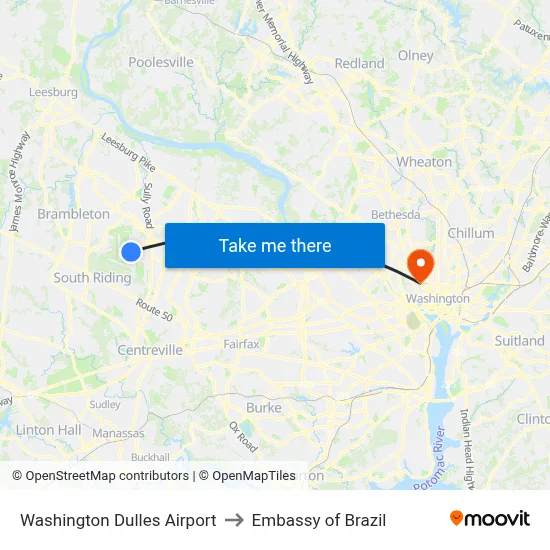 Washington Dulles Airport to Embassy of Brazil map
