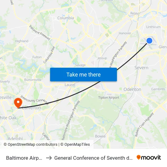 Baltimore Airport BWI to General Conference of Seventh day Adventists map